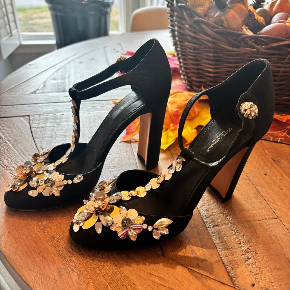 Dolce & Gabbana Black Floral Embellished Heels
